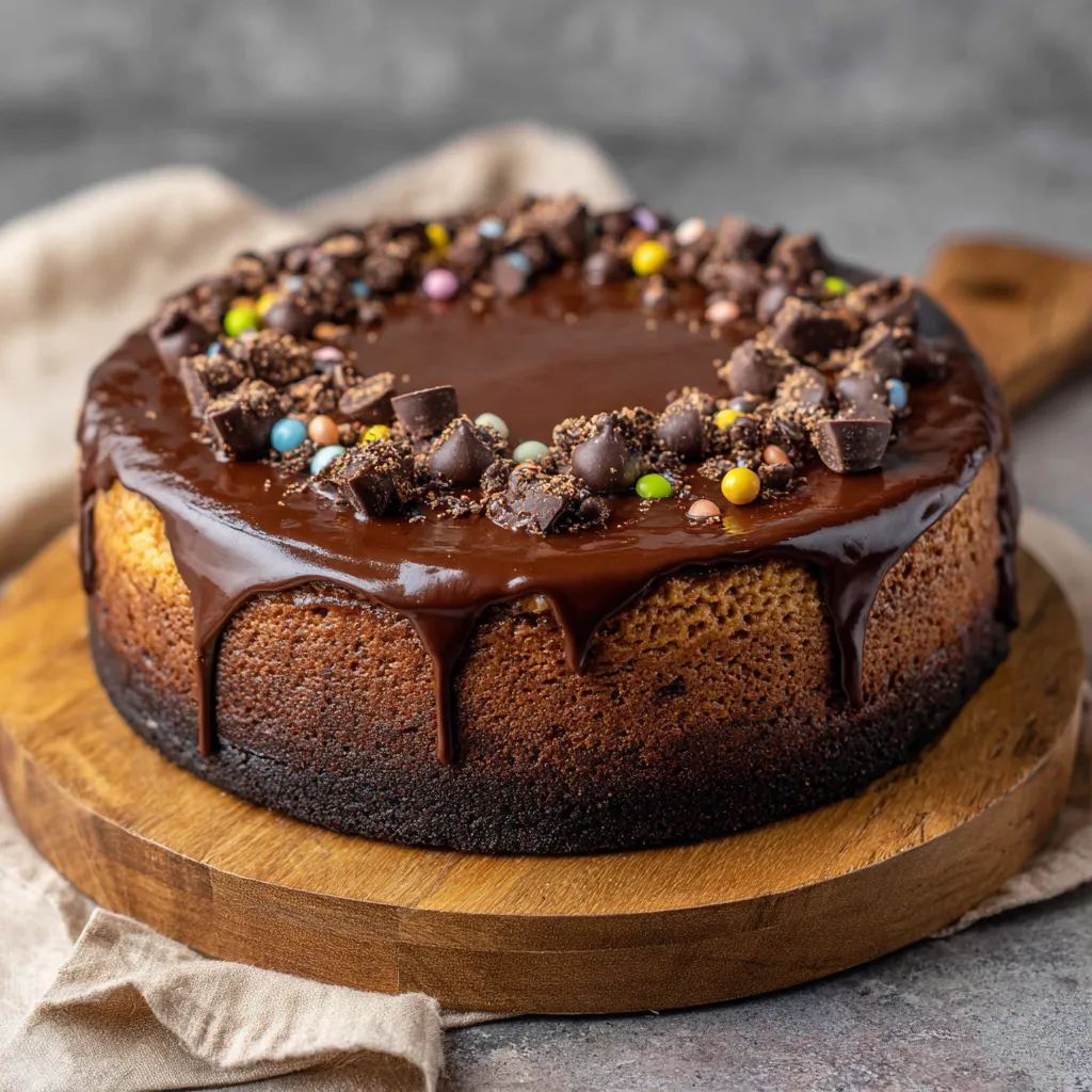 A chocolate cake with chocolate chips and marshmallows.