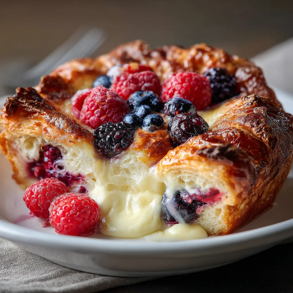 A pastry with berries and cream on a plate.