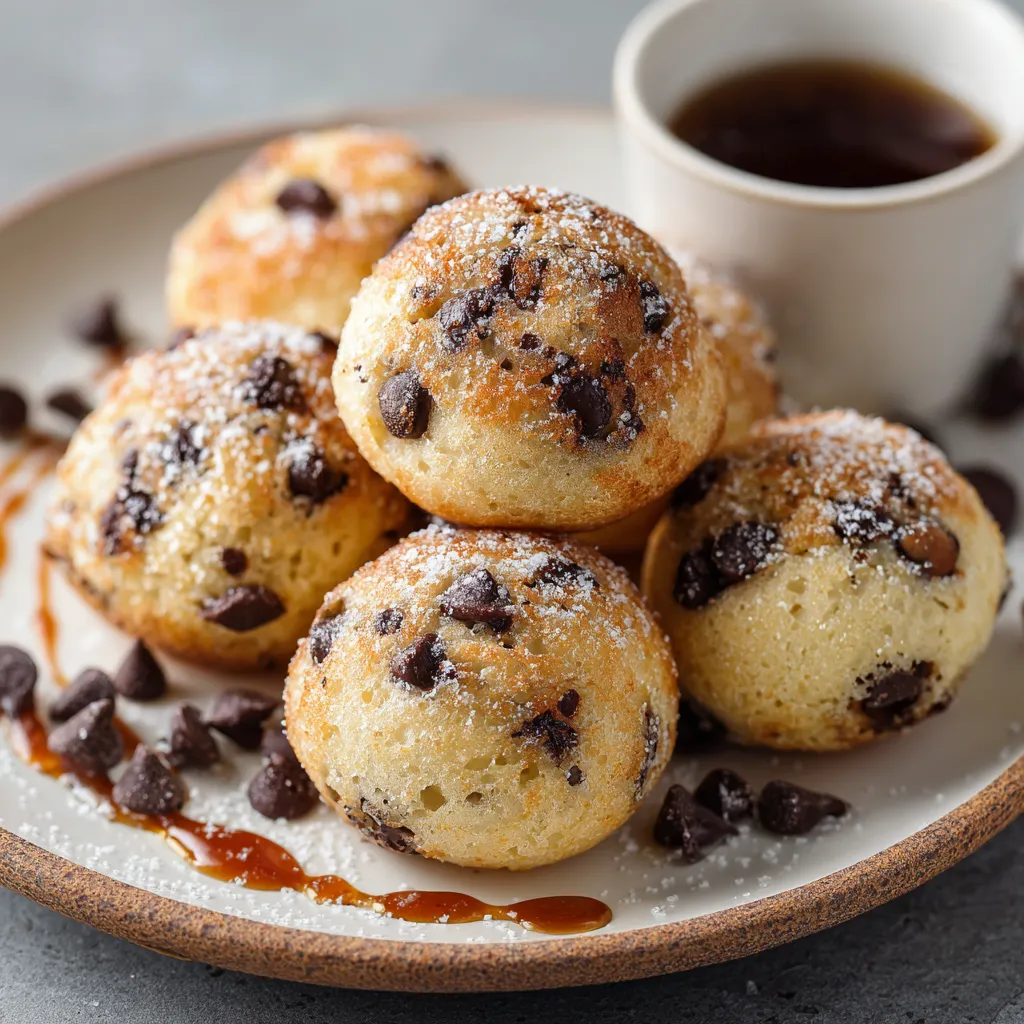 A plate of chocolate covered muffins with a cup of coffee.