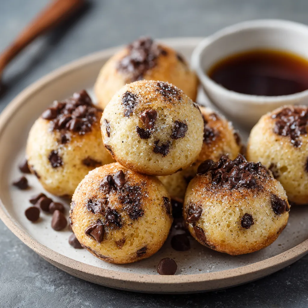 A plate of chocolate chip muffins with a bowl of chocolate sauce.