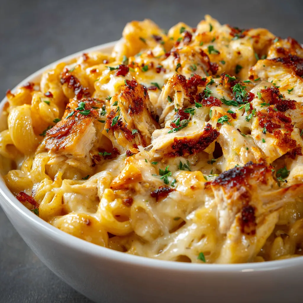 A bowl of macaroni and cheese with chicken.