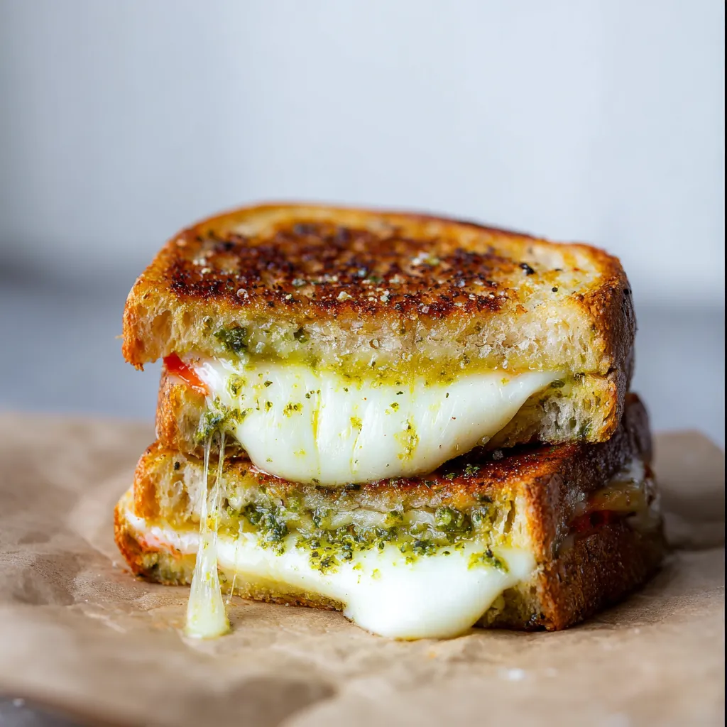 A sandwich with cheese and pesto on a paper towel.