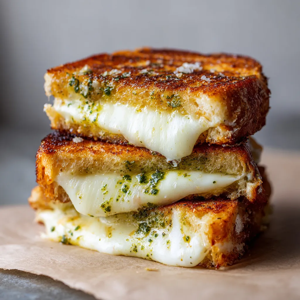 Two grilled cheese sandwiches stacked on top of each other.