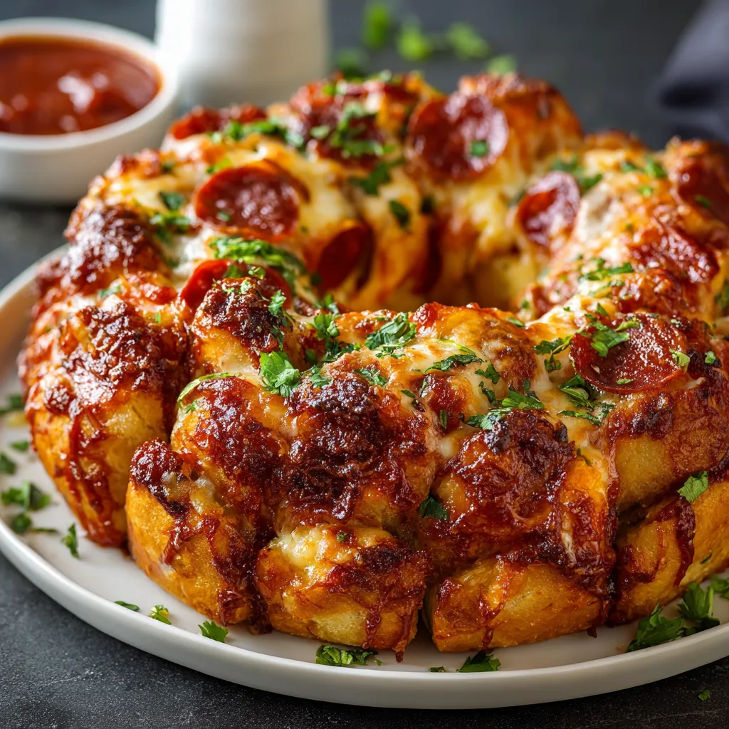 A pizza casserole with pepperoni and cheese.