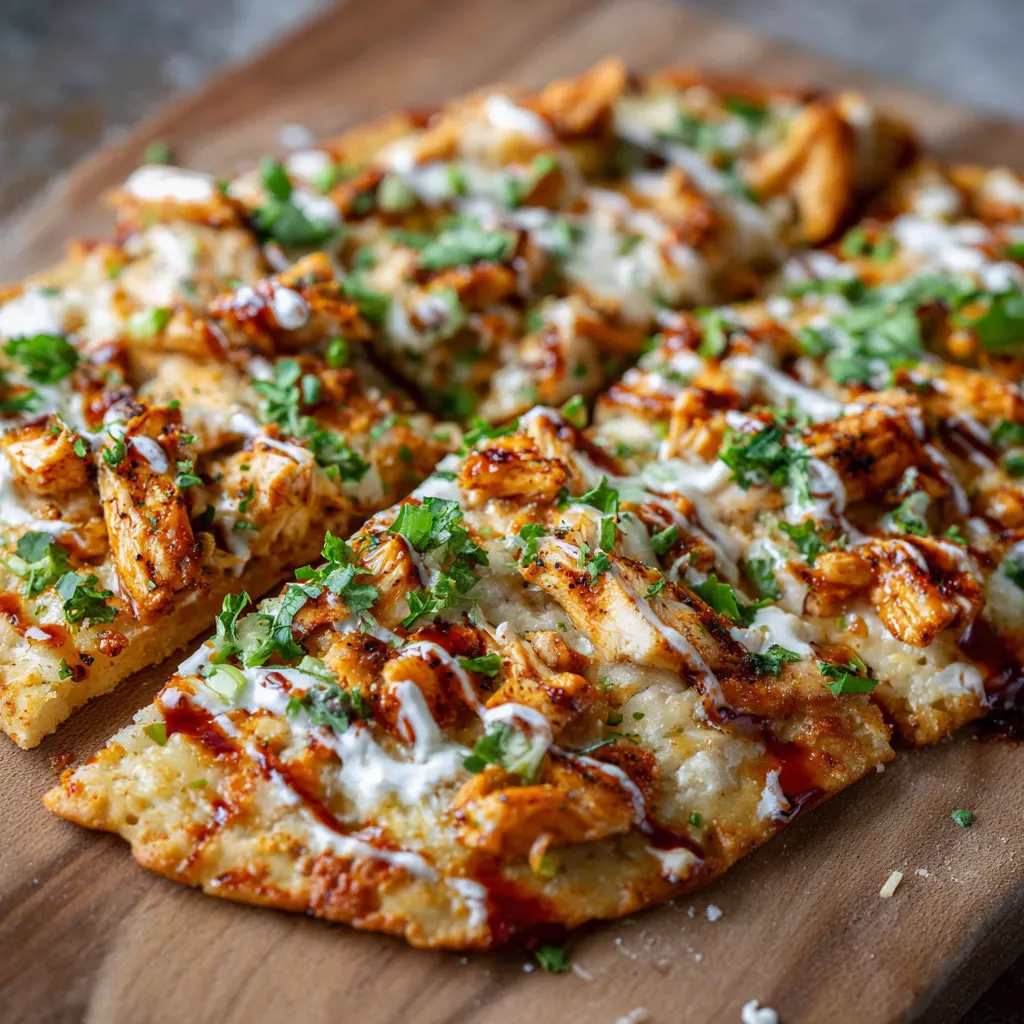 A pizza with chicken and cheese on a wooden board.