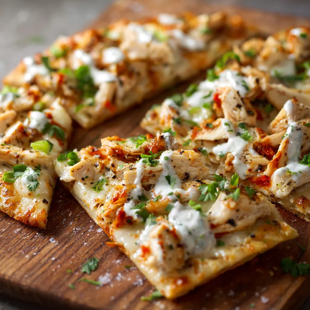 A pizza with chicken and white sauce.