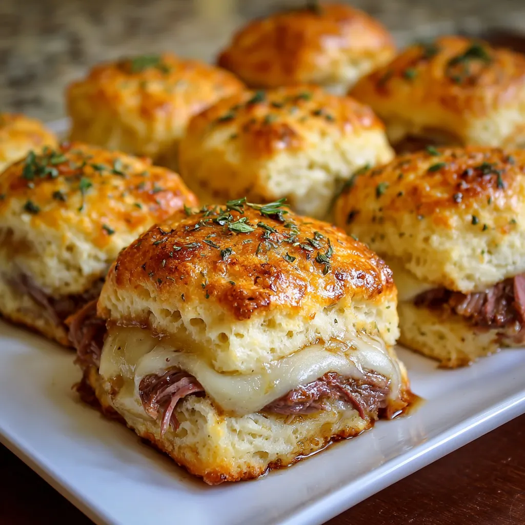 A plate of biscuits with meat in the middle.