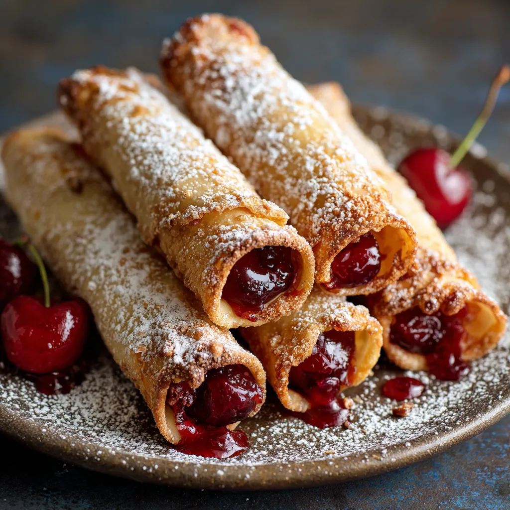 A plate with powdered sugar and cherries on top of a pastry.