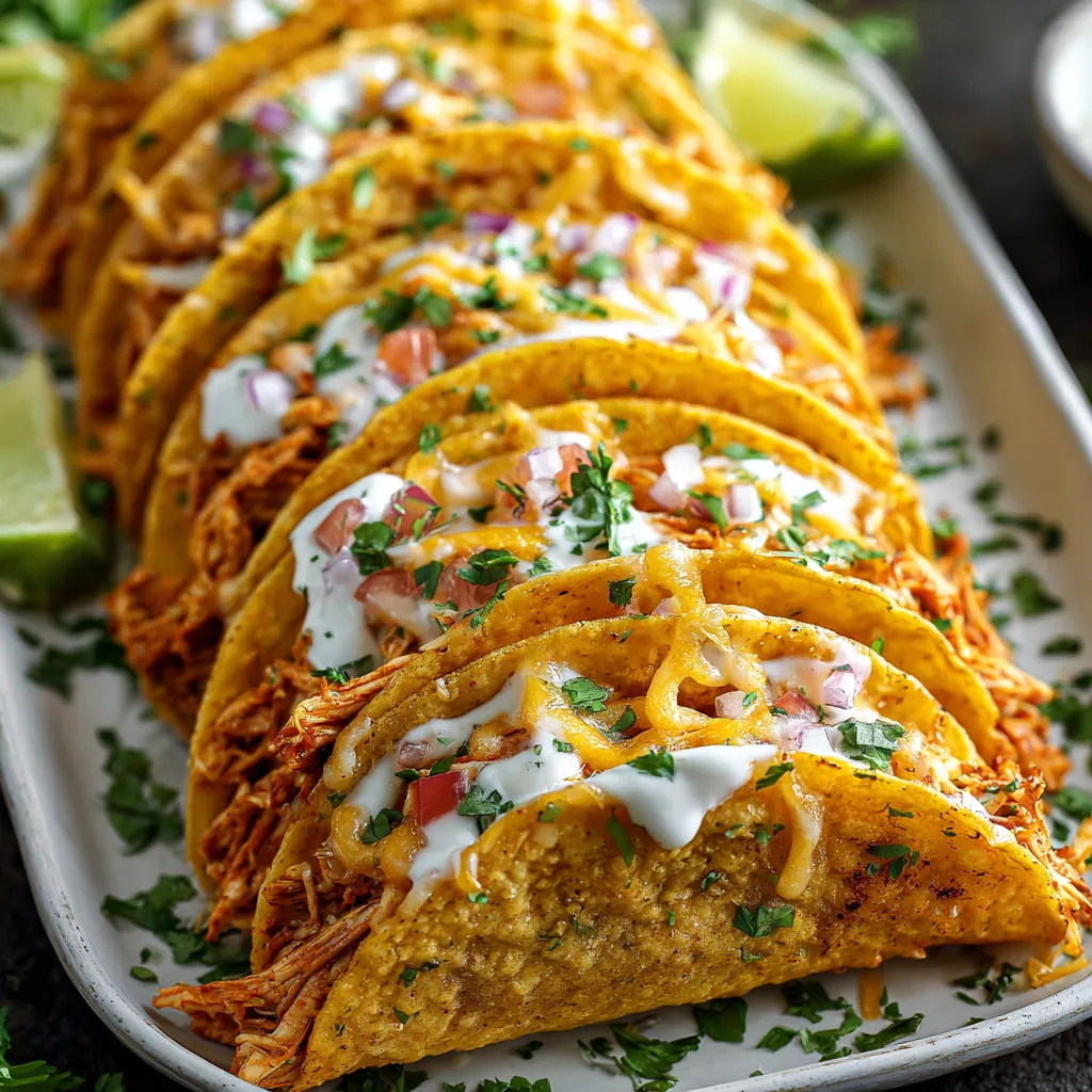 A plate of tacos with white sauce and cheese.