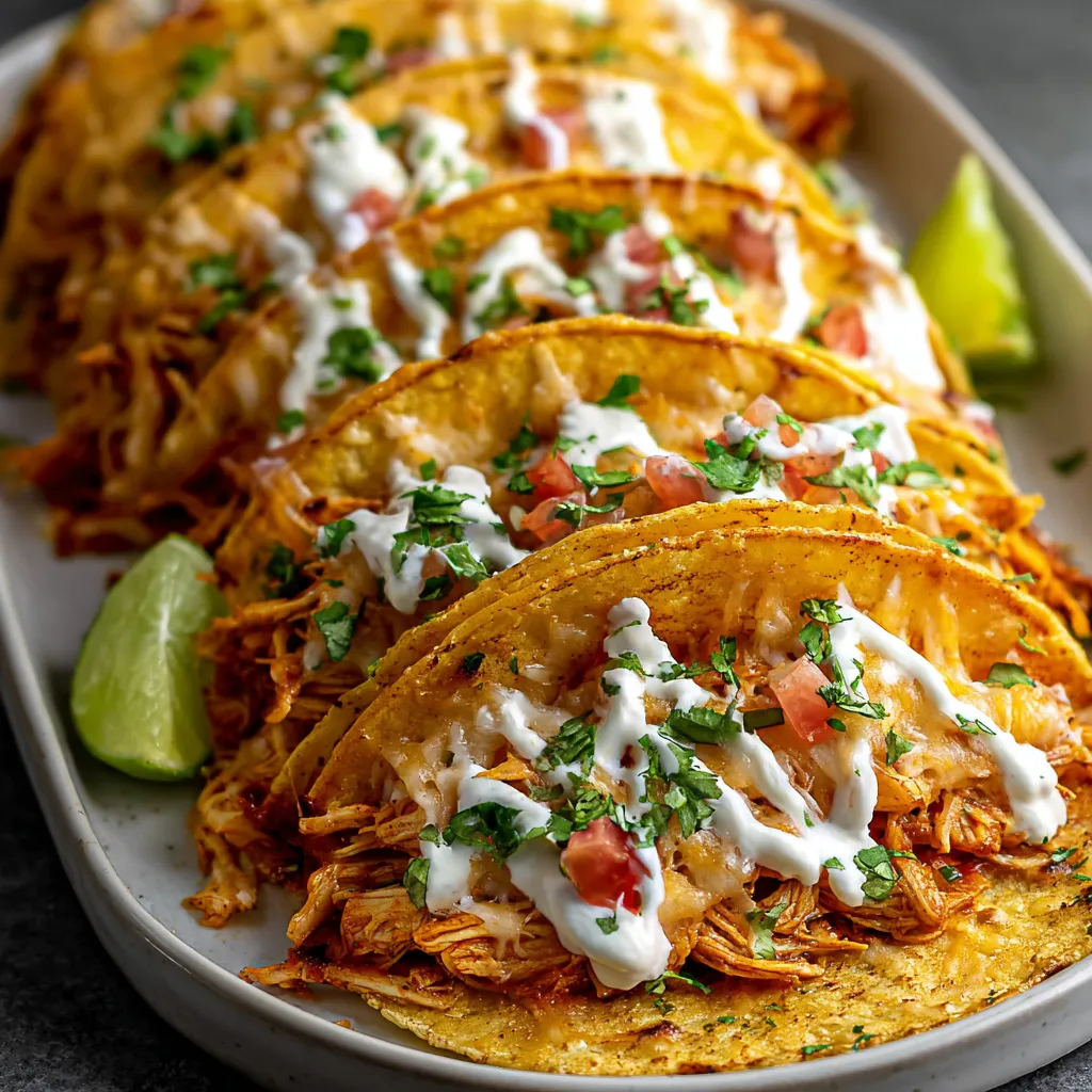 A plate of tacos with white sauce.