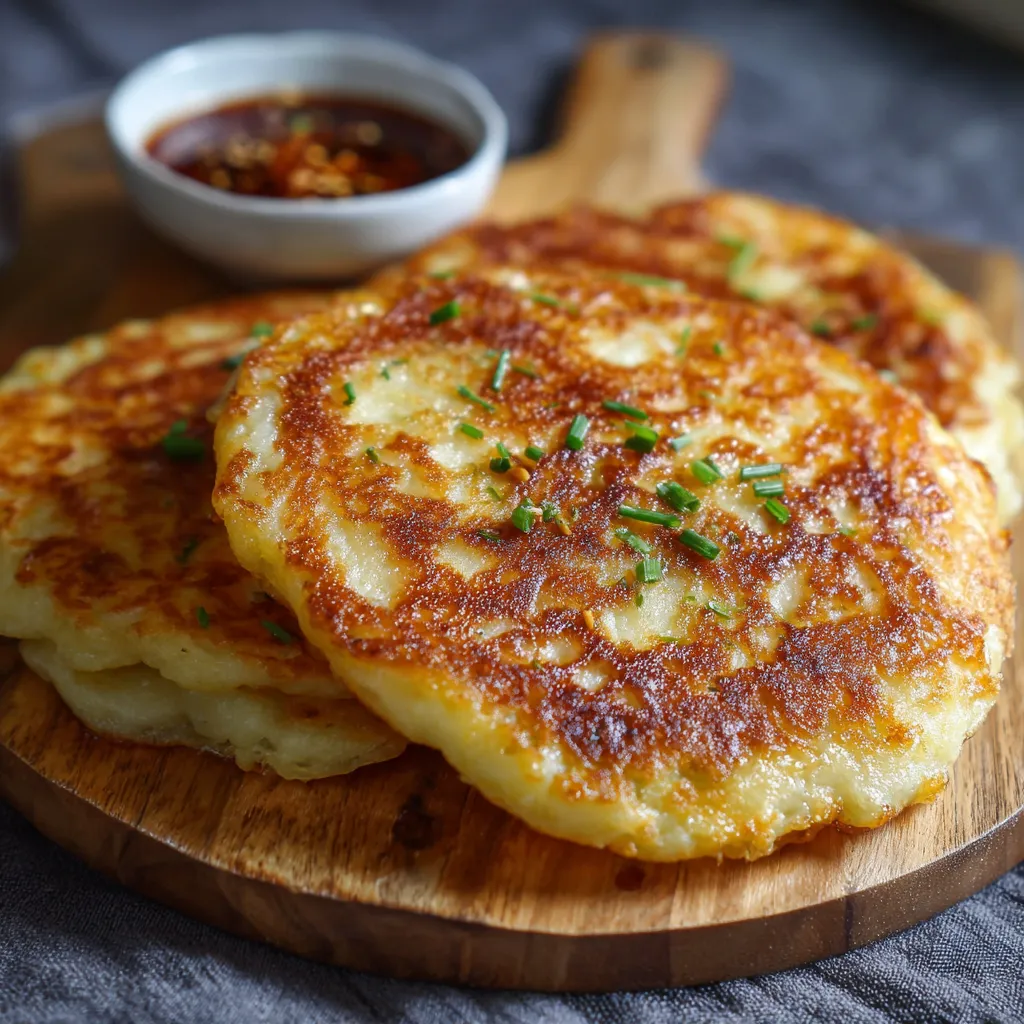 Two pancakes on a wooden cutting board.