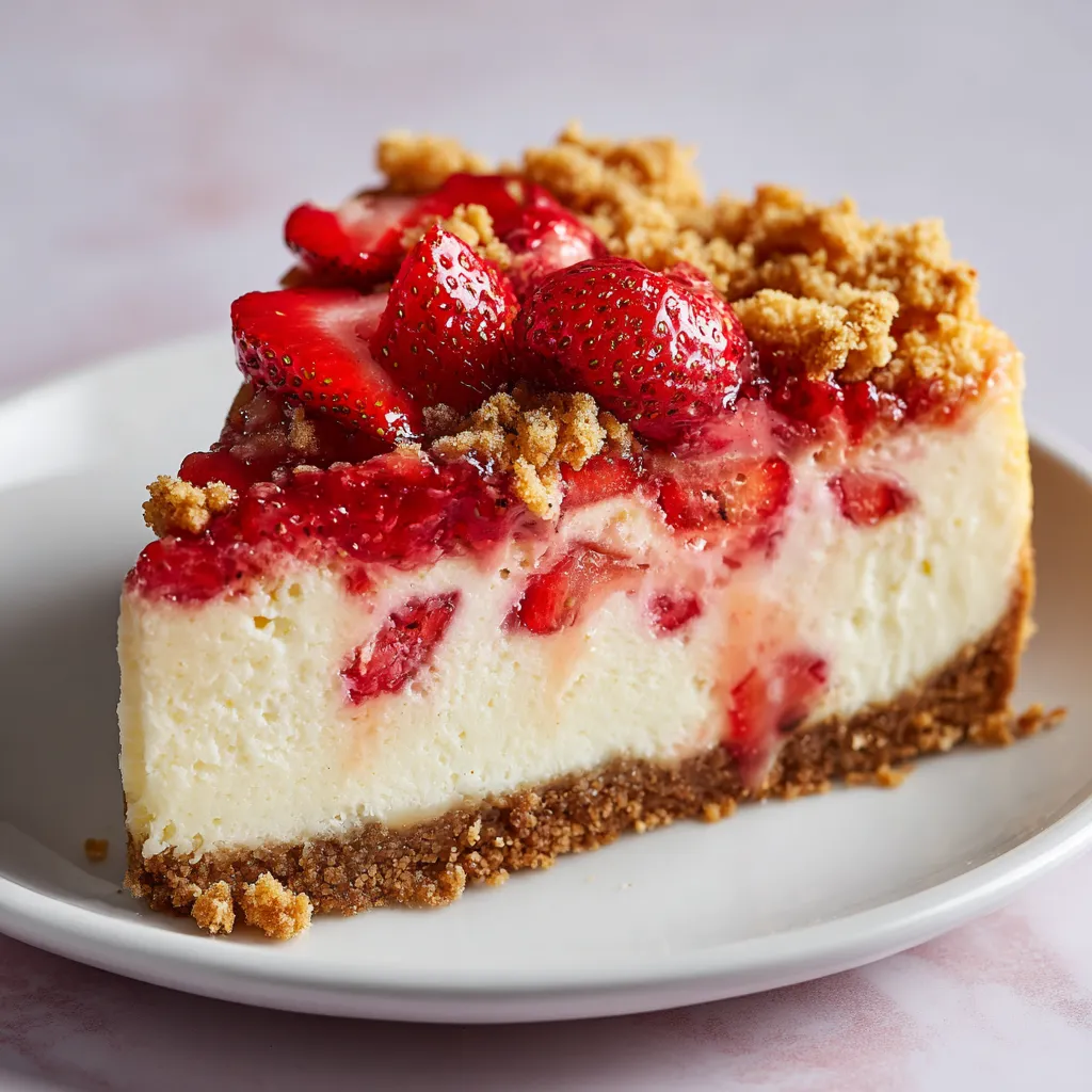 A slice of cheesecake with strawberries on top.