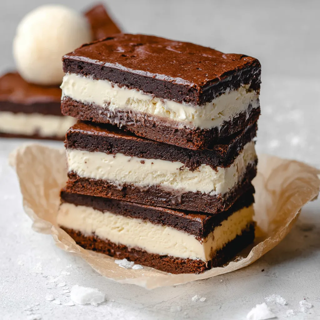 A stack of chocolate cake with white icing.