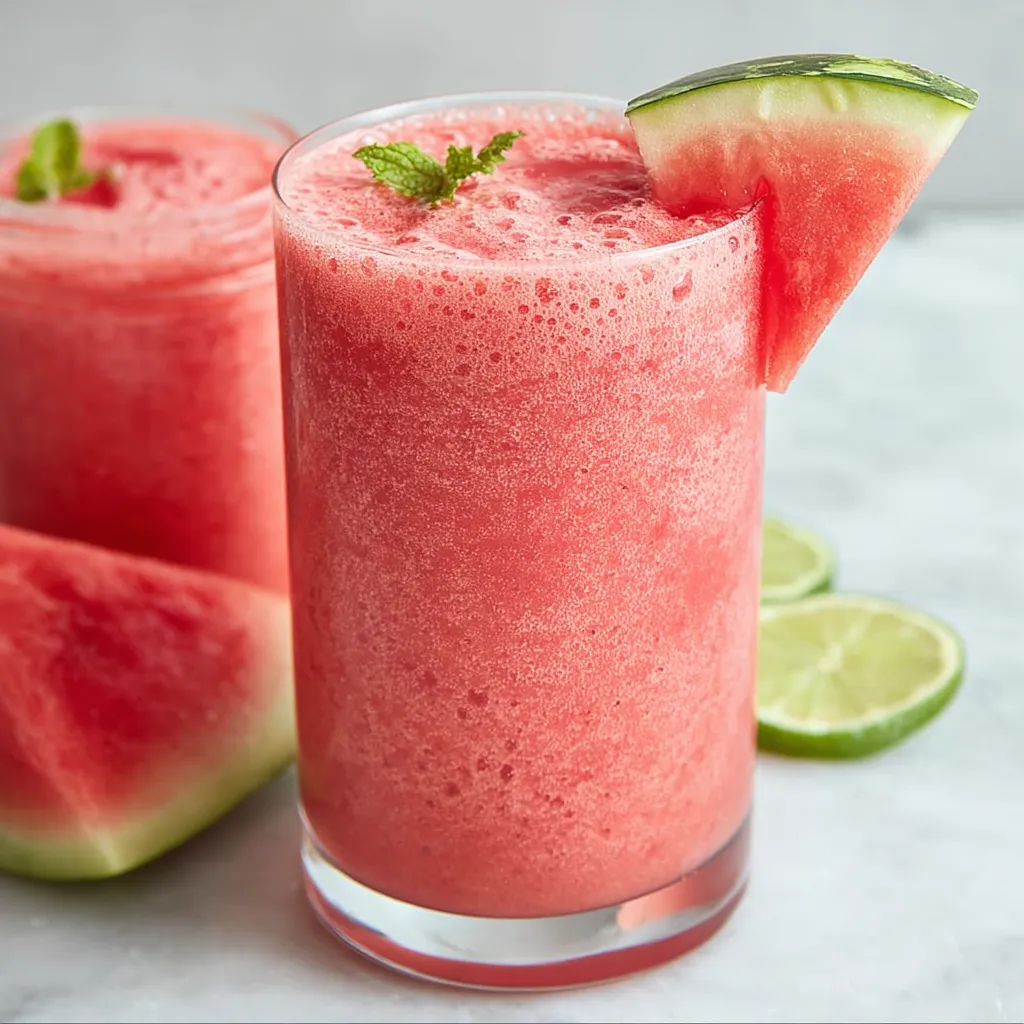 A glass of pink juice with a slice of watermelon.