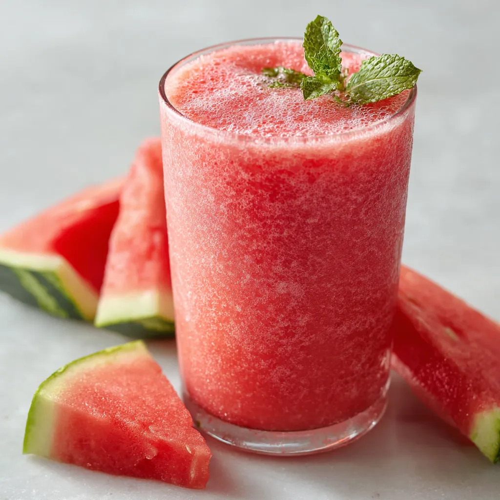 A glass of watermelon juice with a slice of watermelon on the side.