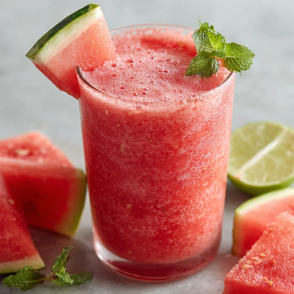 A glass of watermelon juice with a slice of watermelon on the side.