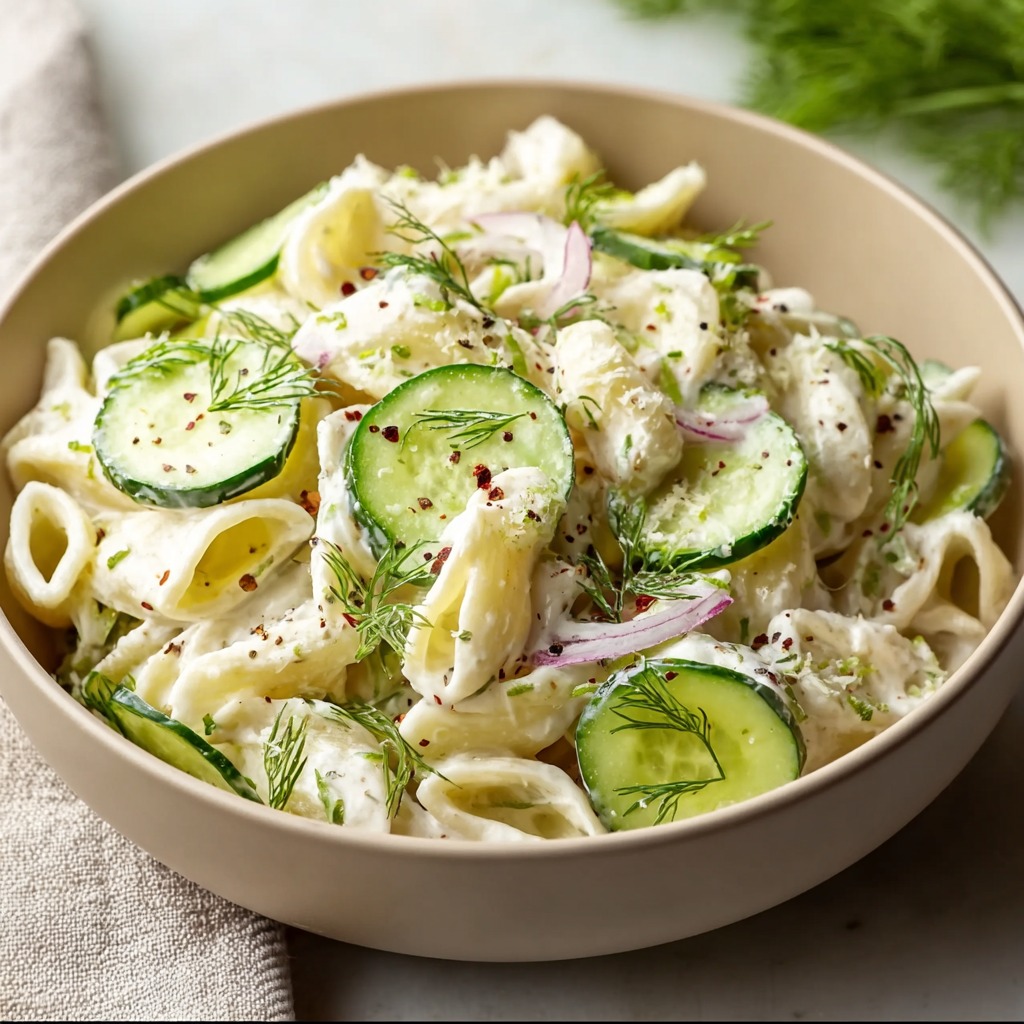 A bowl of pasta with cucumbers and other vegetables.
