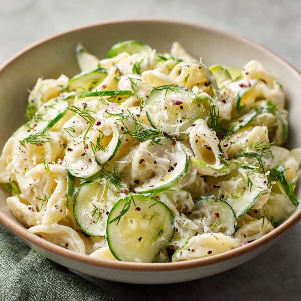 A bowl of pasta with cucumbers and cheese.