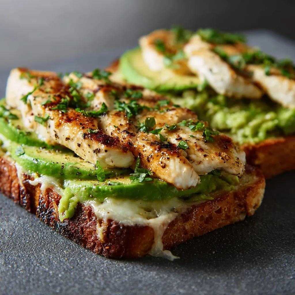 A sandwich with chicken and avocado on a toasted bun.