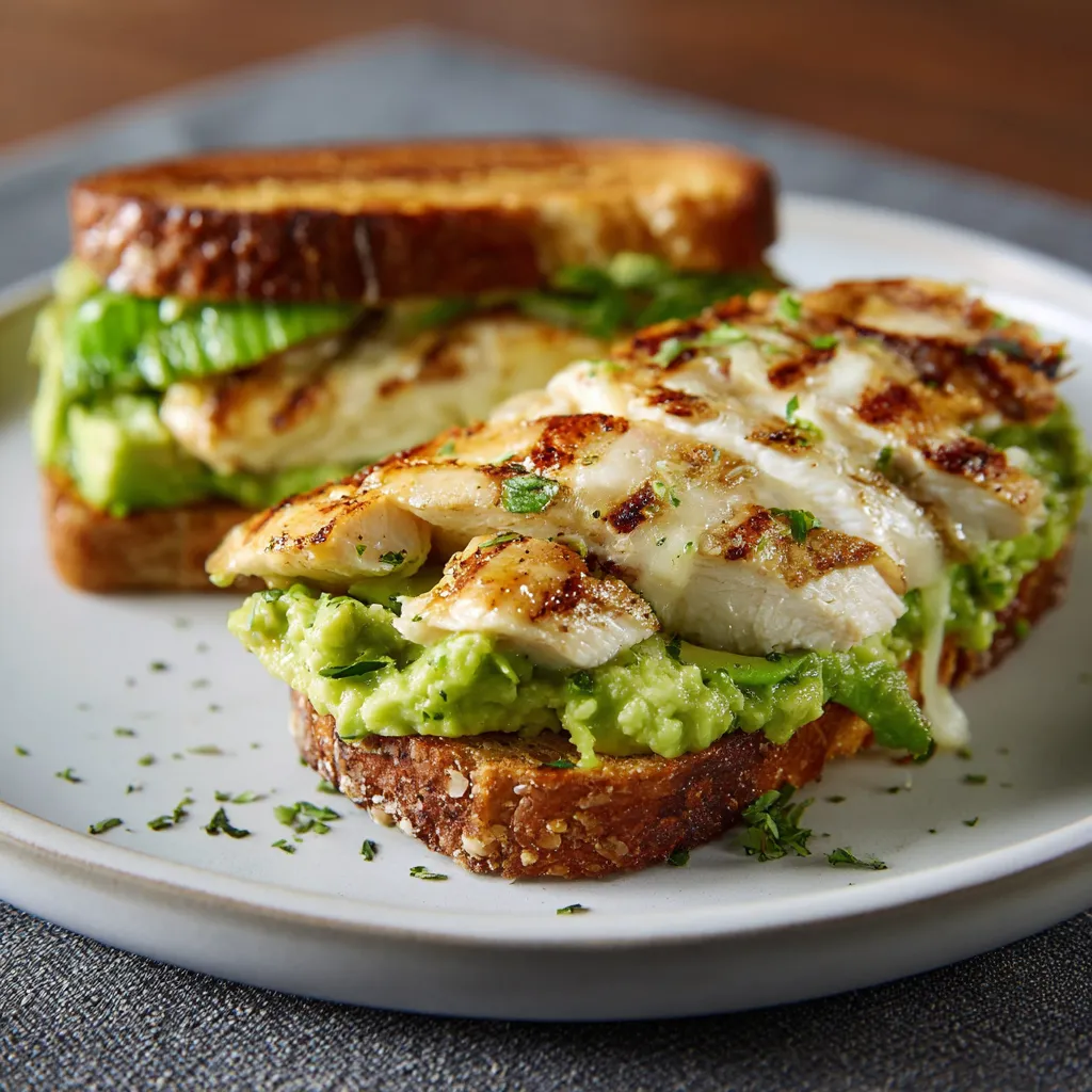 A sandwich with chicken and avocado on a plate.