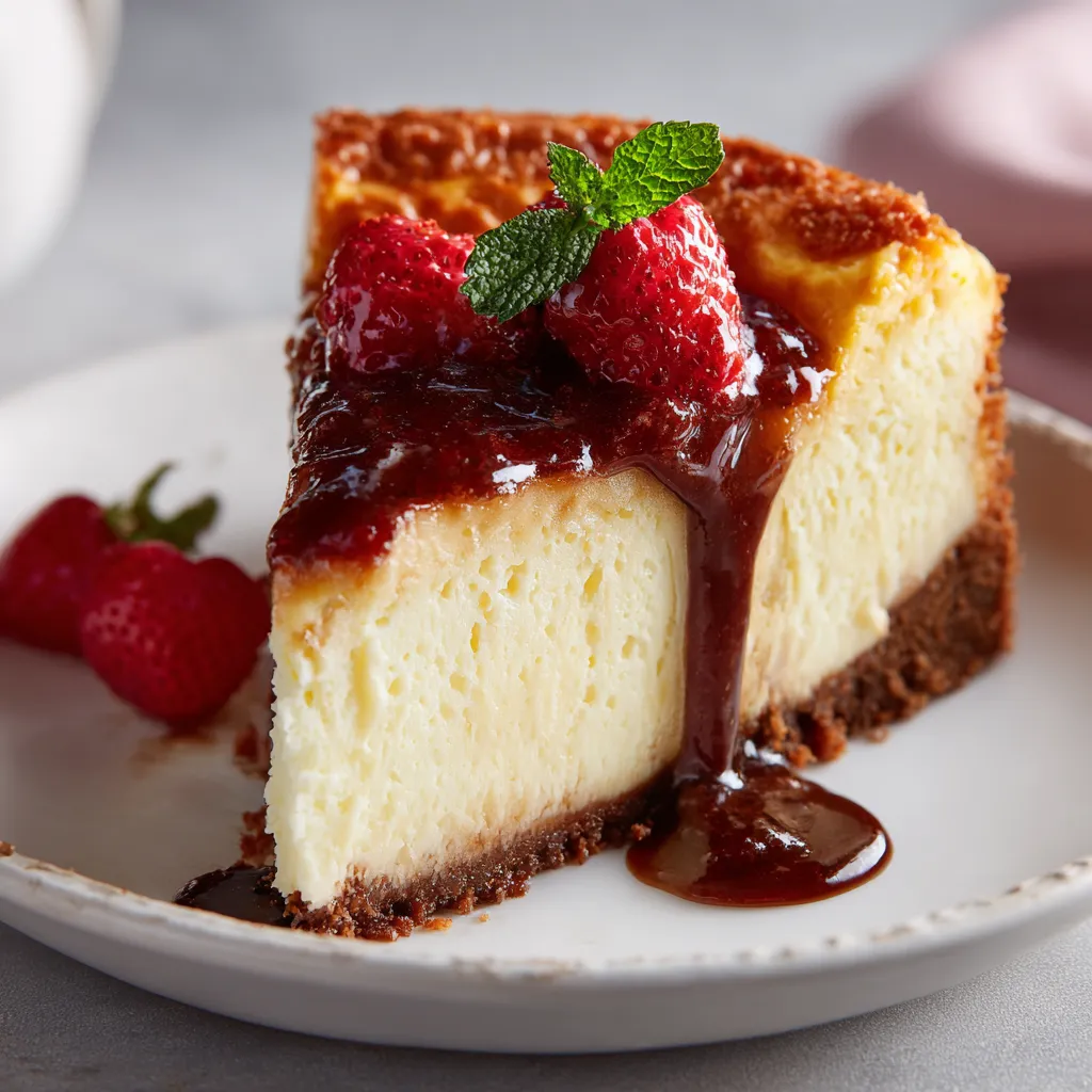 A slice of cheesecake with strawberries and chocolate sauce.
