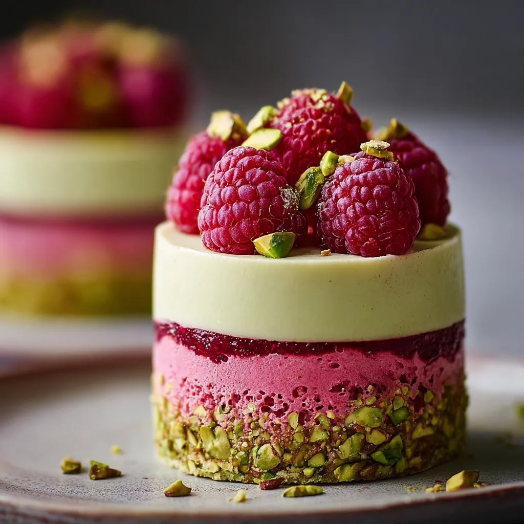 A slice of pink cake with raspberries on top.