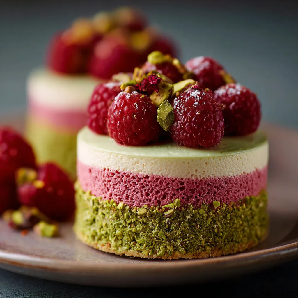 A slice of cake with raspberries and nuts on top.