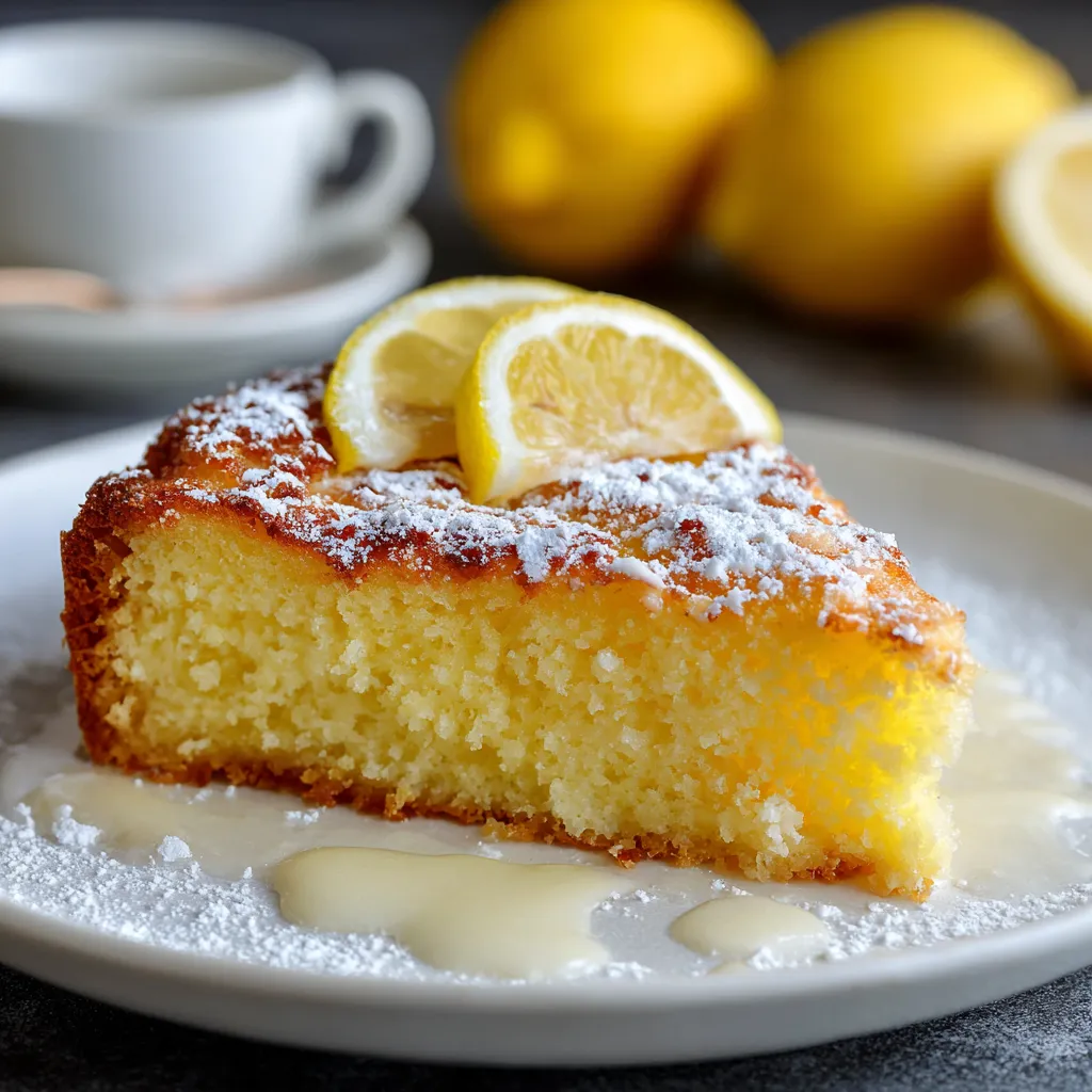 A slice of lemon cake with powdered sugar on a plate.