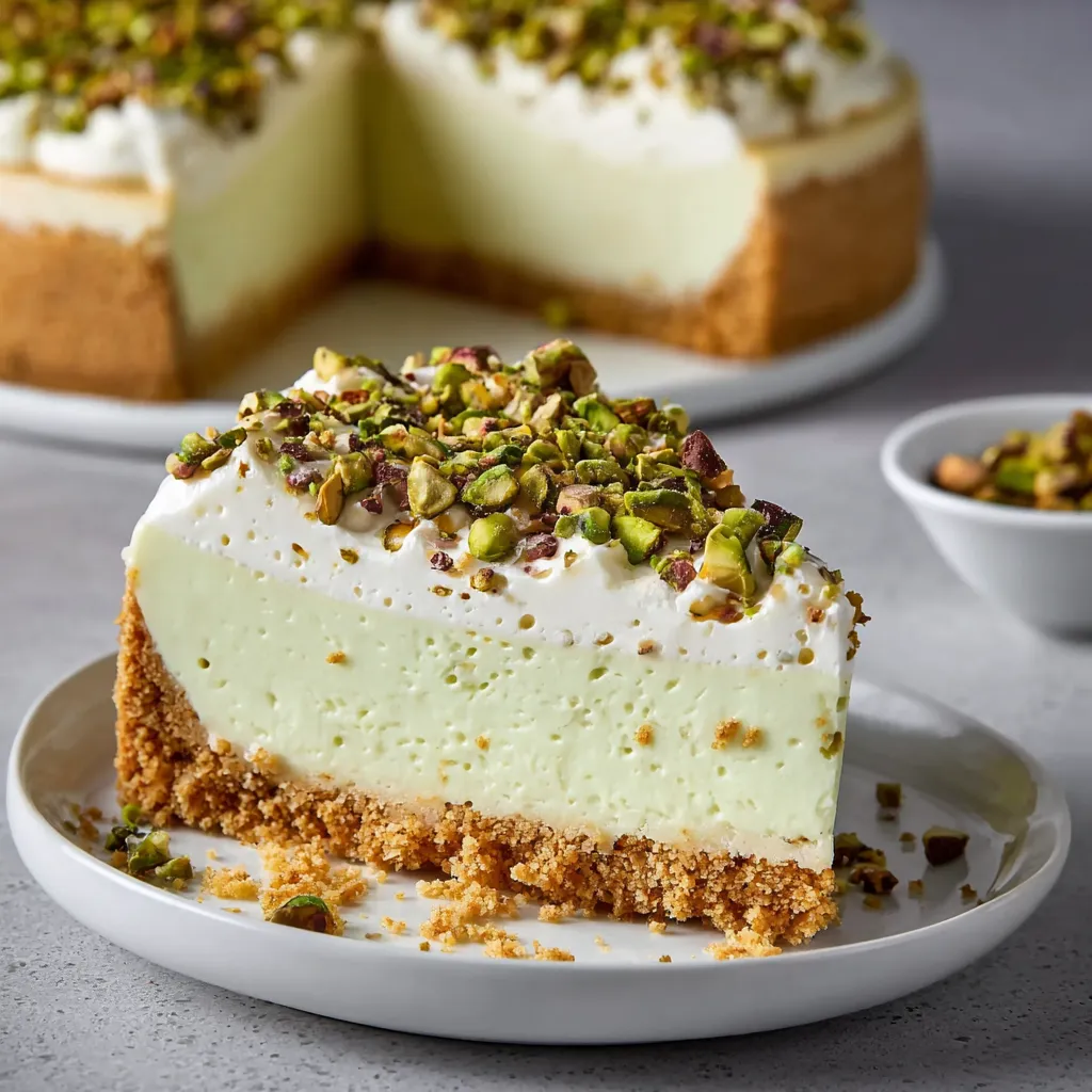 A slice of cake with pistachio nuts on top.