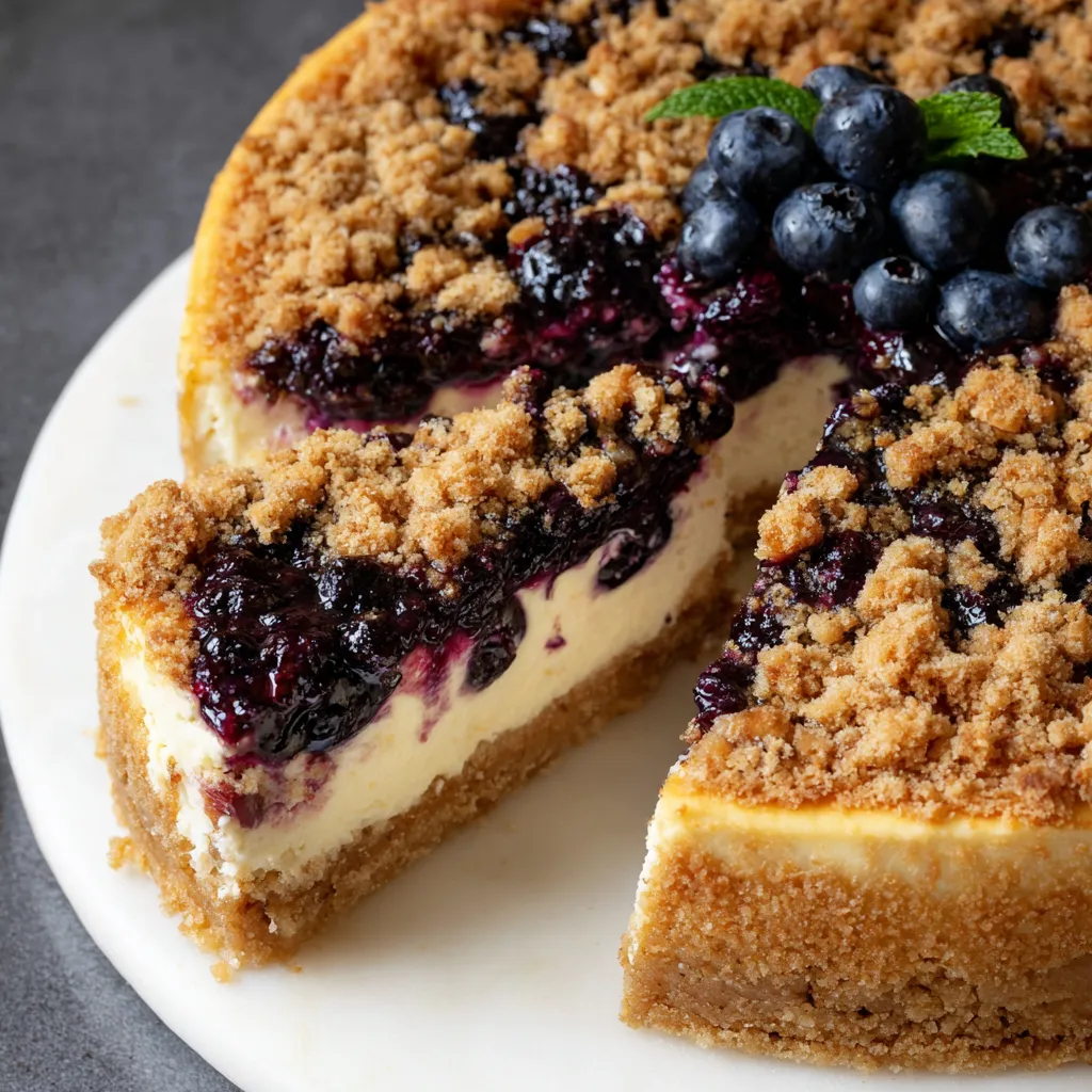 A slice of blueberry cheesecake.