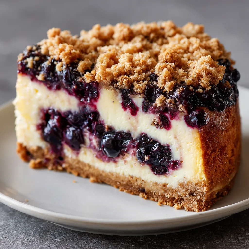 A slice of cake with blueberries on top.