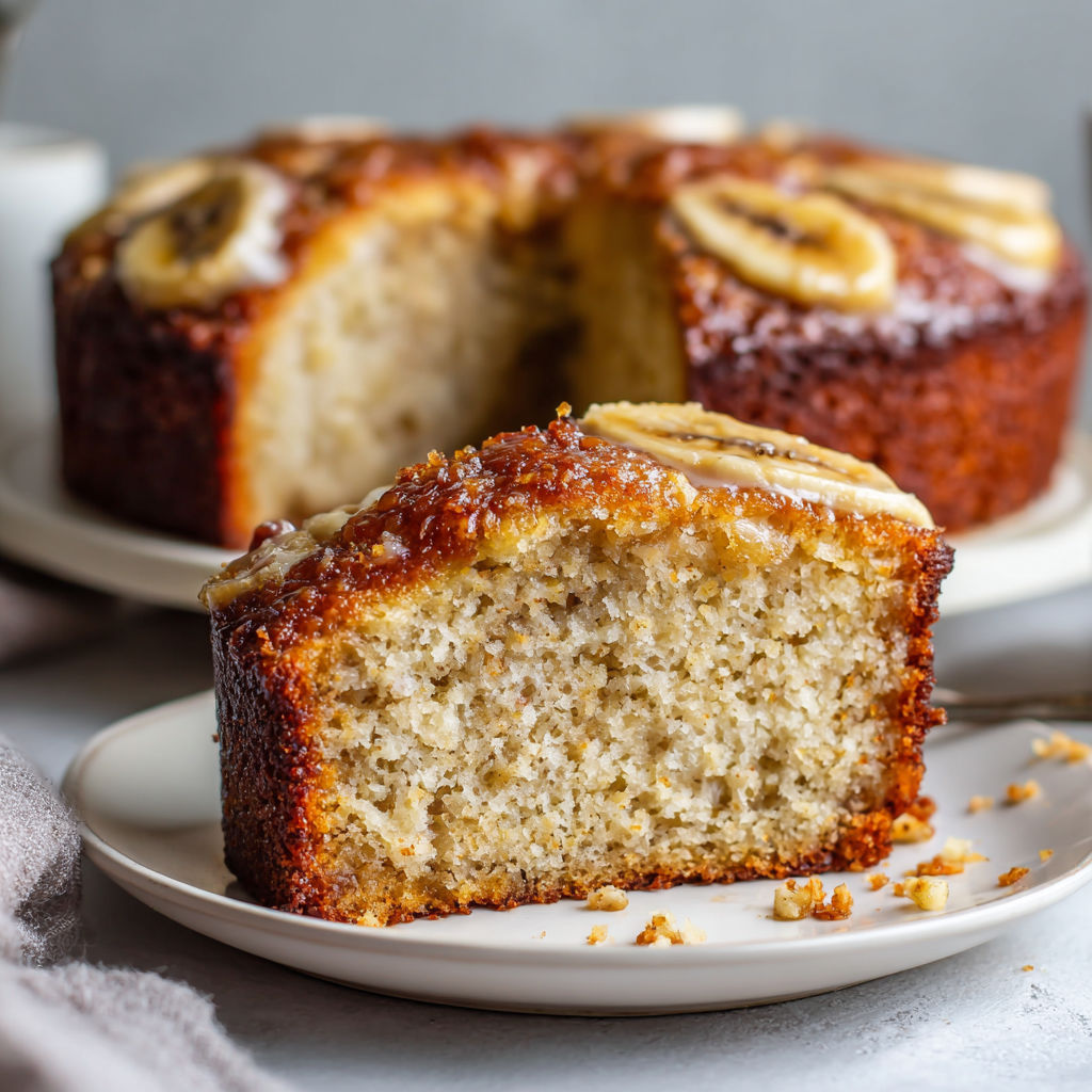 A slice of banana cake on a plate.