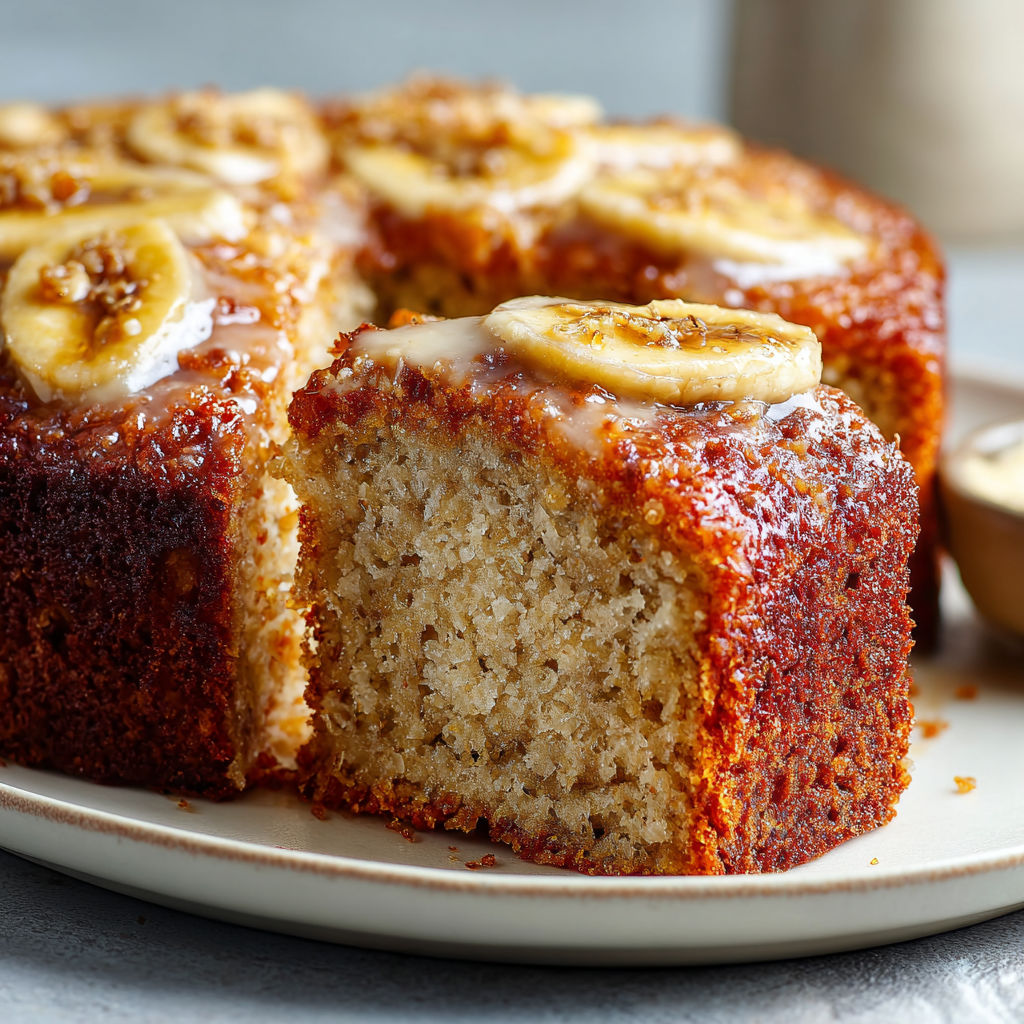 A slice of banana bread with banana slices on top.