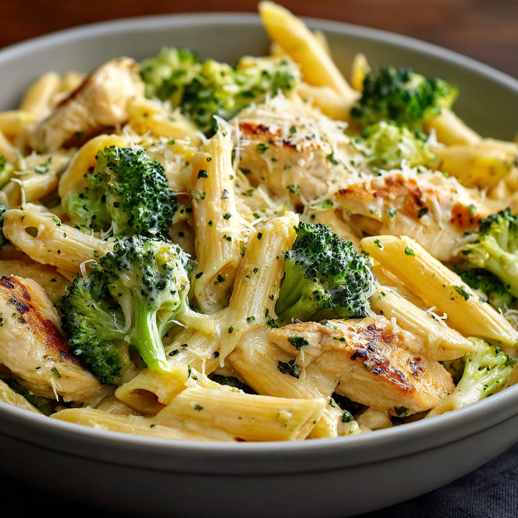 A bowl of creamy broccoli and chicken penne.