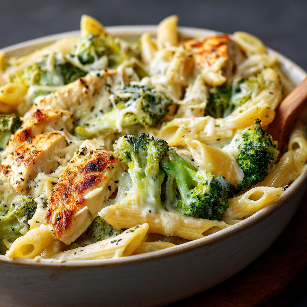 A bowl of creamy broccoli and chicken penne.