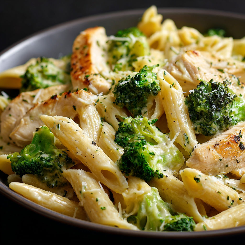 A bowl of creamy broccoli and chicken penne.