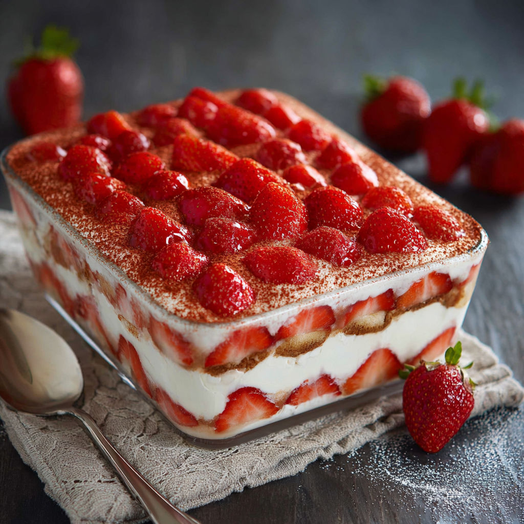 A close up of a strawberry tiramisu dessert.