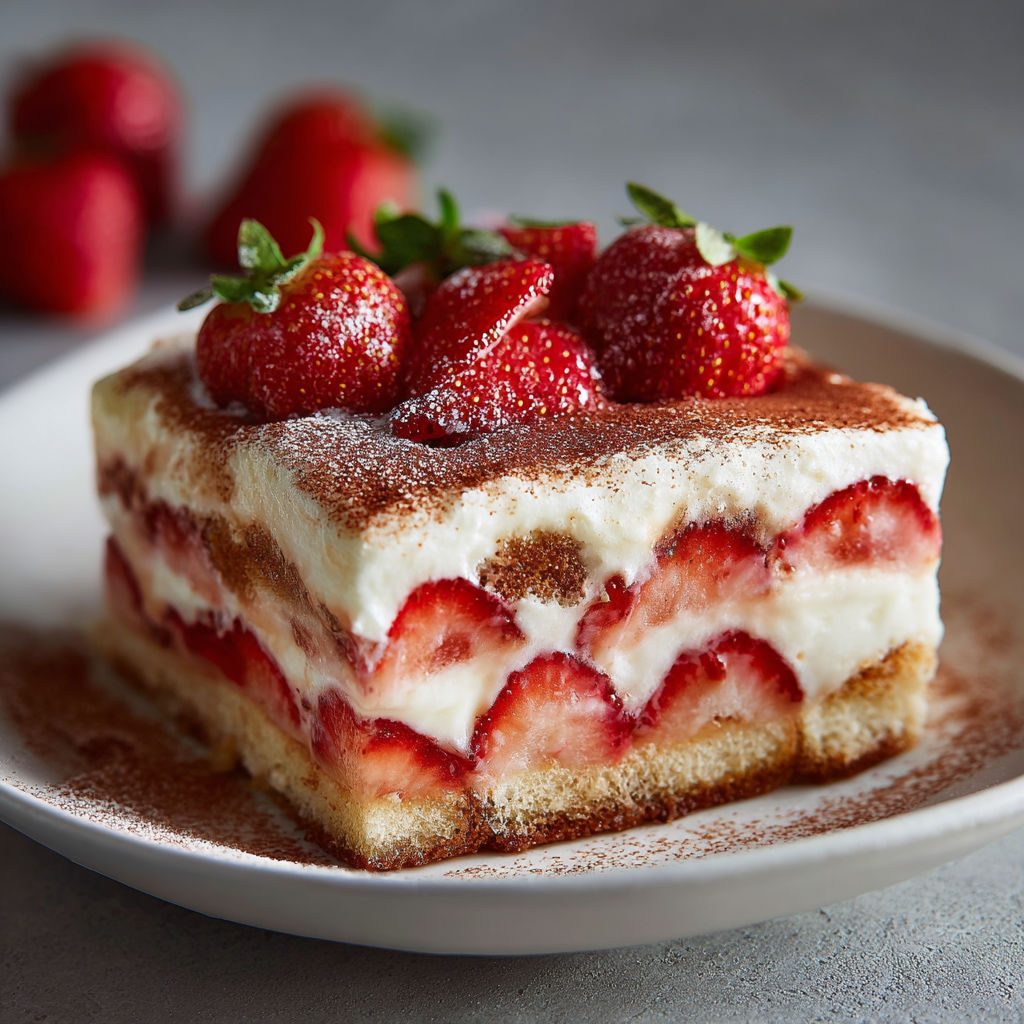 A slice of strawberry tiramisu on a plate.