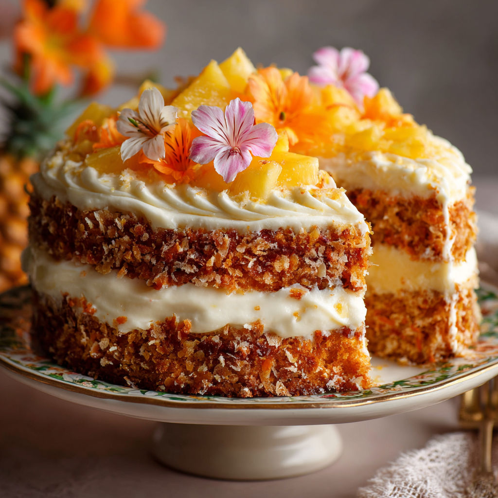 A cake with pineapple and flowers on top.