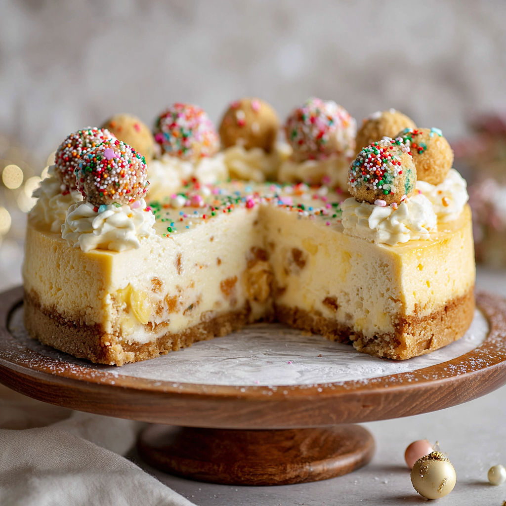 A slice of cheesecake with a sugar cookie on top.
