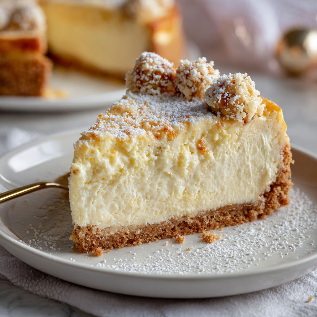 A slice of cheesecake with powdered sugar on top.