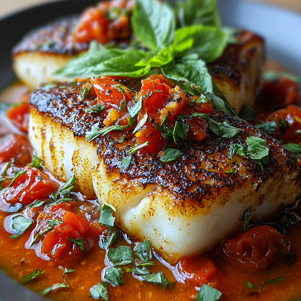 Pan-seared Mediterranean cod in tomato basil sauce.
