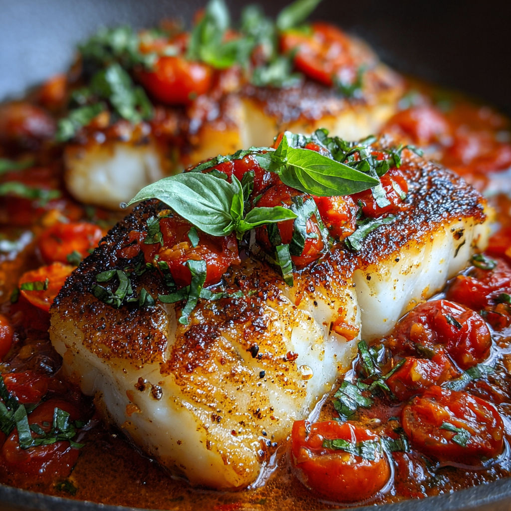 A close up of a fish with tomatoes and herbs.