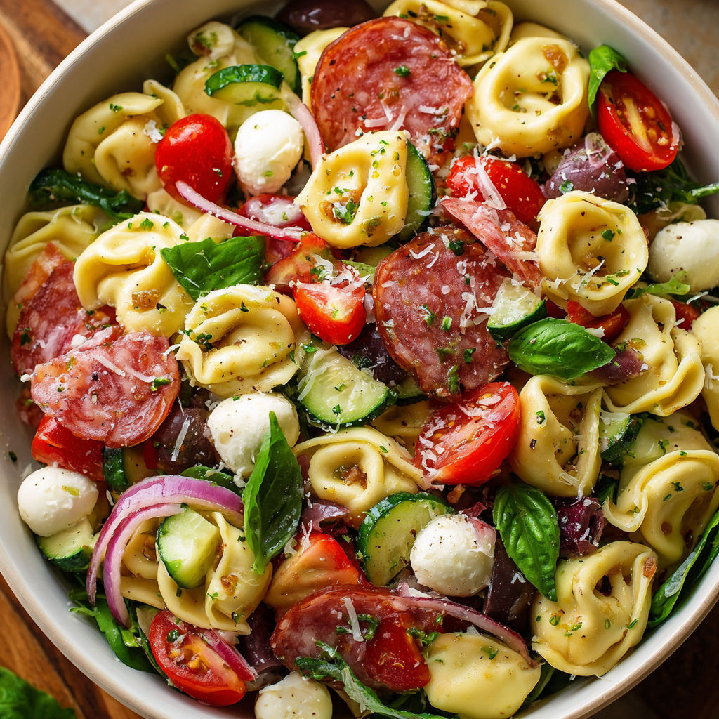 A bowl of pasta with tomatoes, cucumbers, and meat.