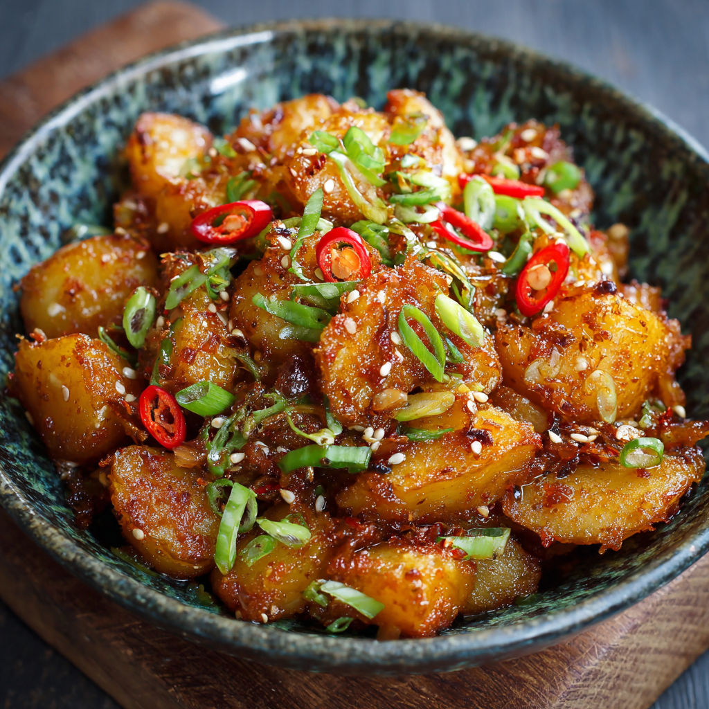 A bowl of food with a spicy honey chili potato recipe.