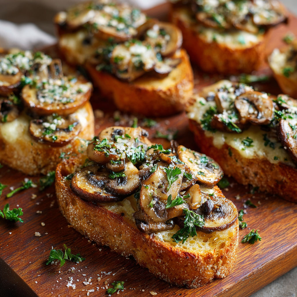 A wooden cutting board with mushroom and garlic toast.