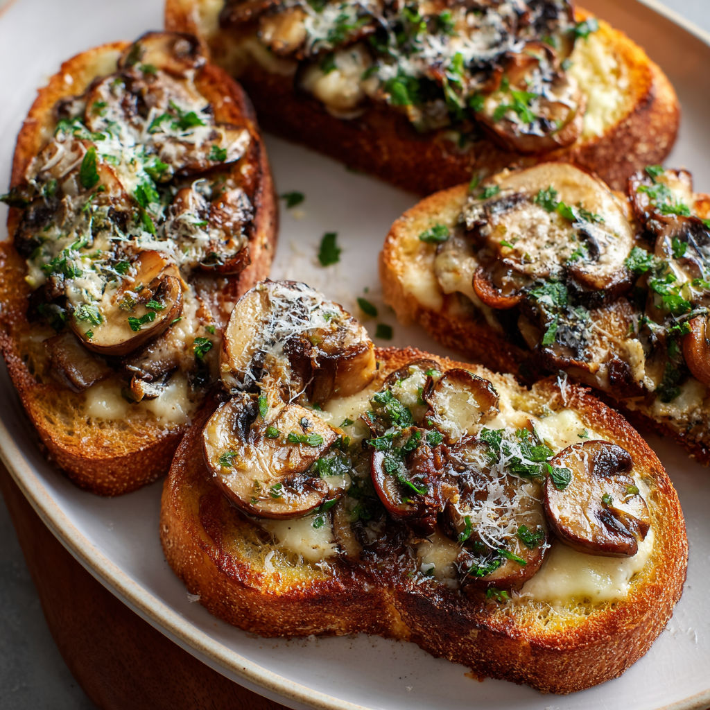 Toasted mushroom and garlic bread with cheese.
