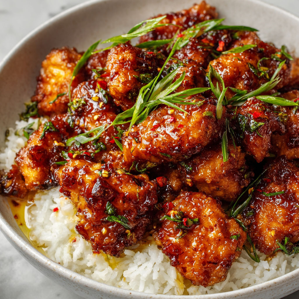 A bowl of honey butter chicken.