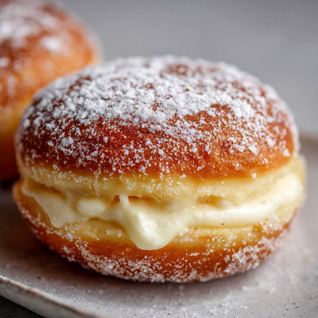 Two donuts with white frosting and powdered sugar.