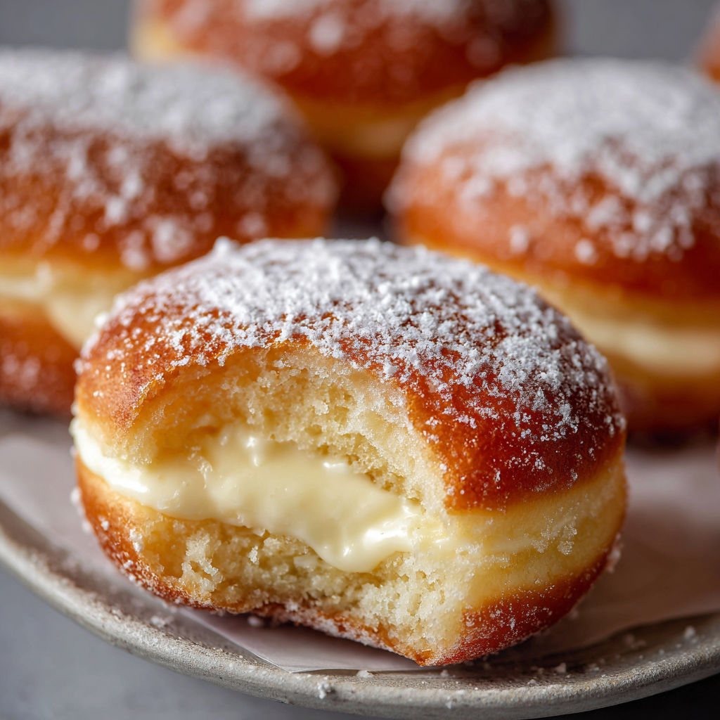 A plate of donuts with powdered sugar.